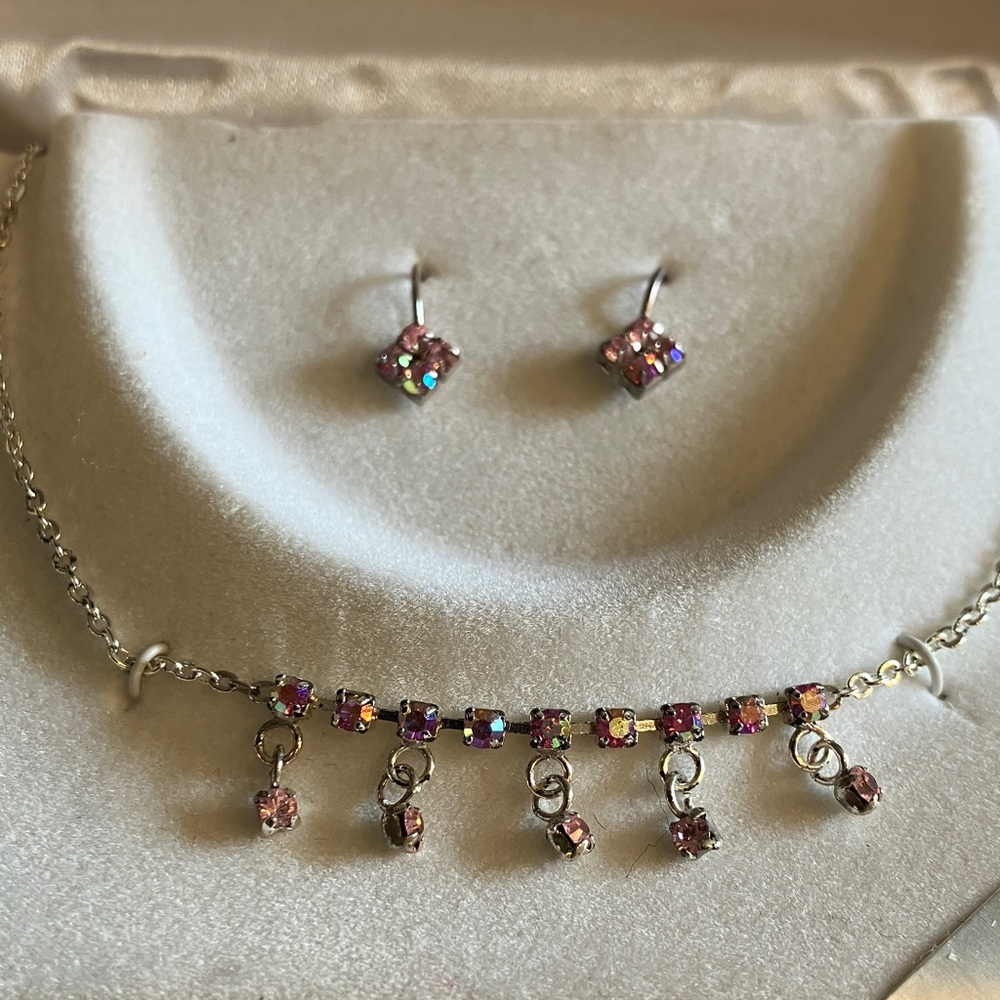 Elegant Pink Crystal Necklace and Earring Set